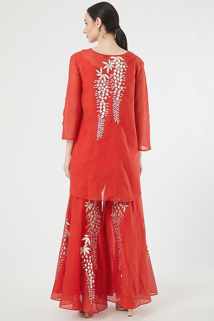 Red Cotton Embroidered Sharara Pants by Peachoo at Pernia's Pop Up Shop