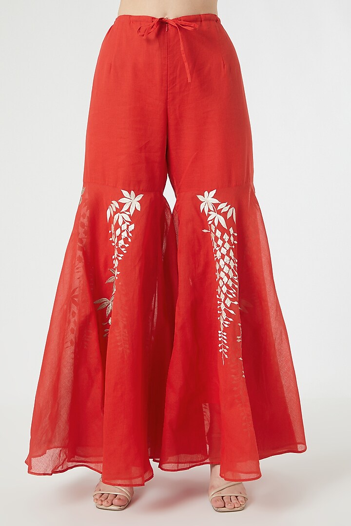 Red Cotton Embroidered Sharara Pants by Peachoo at Pernia's Pop Up Shop
