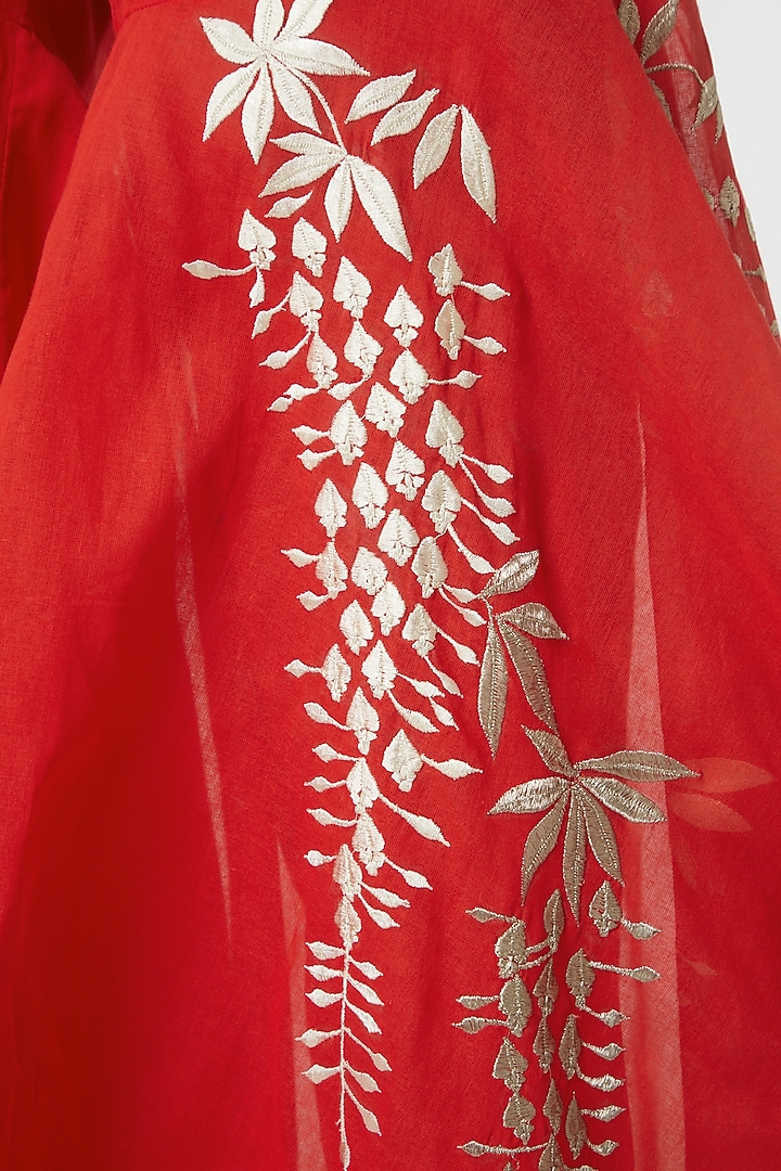 Red Cotton Embroidered Sharara Pants by Peachoo at Pernia's Pop Up Shop