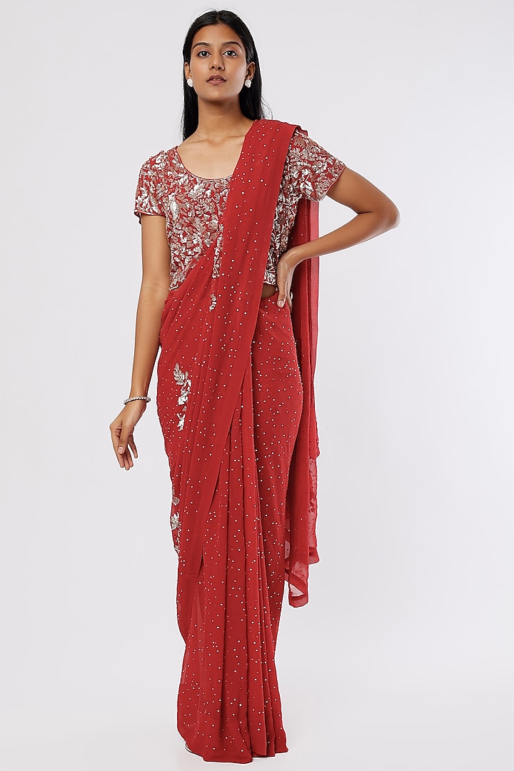 Crimson Silk Embroidered Saree Set by Peachoo