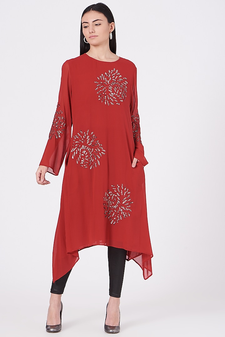 Dull Red Hand Embroidered Tunic by Peachoo