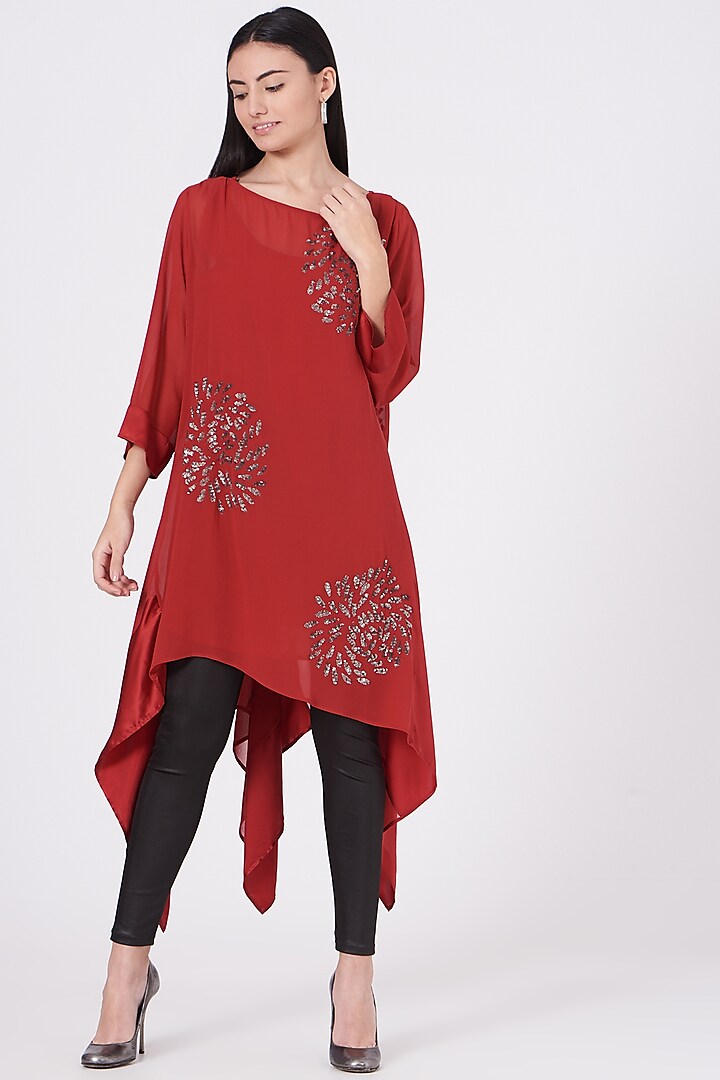 Dull Red Tunic With Hand Embroidery by Peachoo
