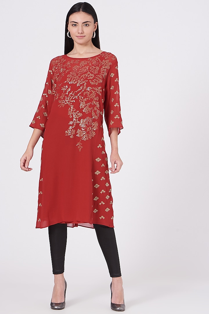 Dull Red Embroidered Tunic by Peachoo