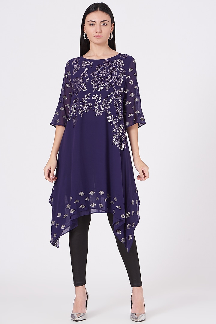 Blue Silk Georgette Embroidered Tunic by Peachoo at Pernia's Pop Up Shop