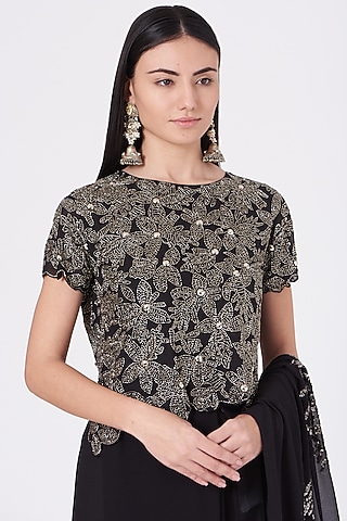 Black Handloom Cotton Hand Embroidered Blouse by Peachoo