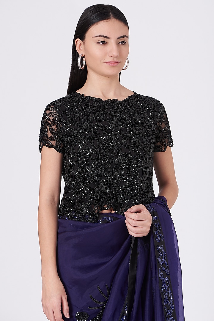 Black Net Hand Embroidered Blouse by Peachoo at Pernia's Pop Up Shop