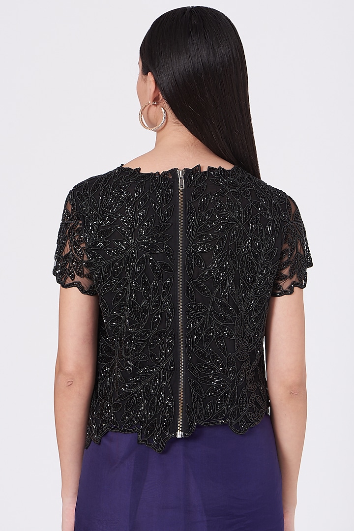 Black Net Hand Embroidered Blouse by Peachoo at Pernia's Pop Up Shop