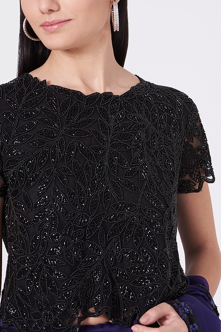 Black Net Hand Embroidered Blouse by Peachoo at Pernia's Pop Up Shop