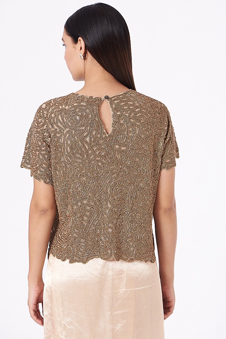 Brown Net Hand Embroidered Blouse by Peachoo at Pernia's Pop Up Shop