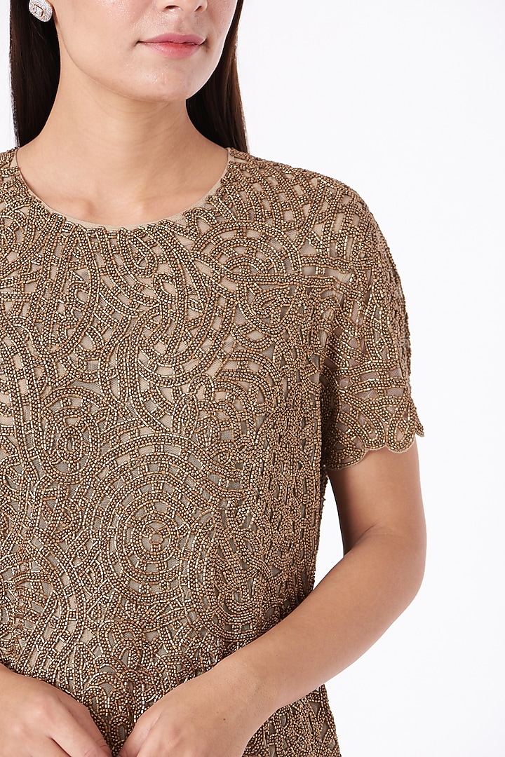 Brown Net Hand Embroidered Blouse by Peachoo at Pernia's Pop Up Shop