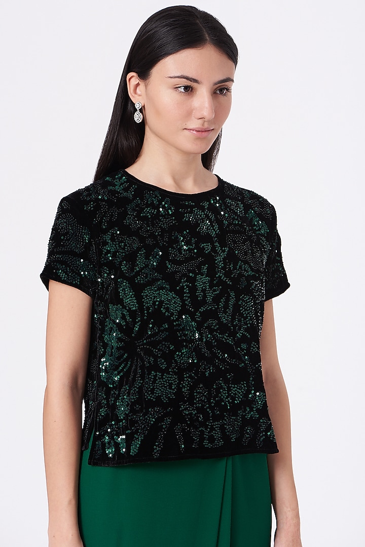 Black & Green Hand Embroidered Blouse by Peachoo
