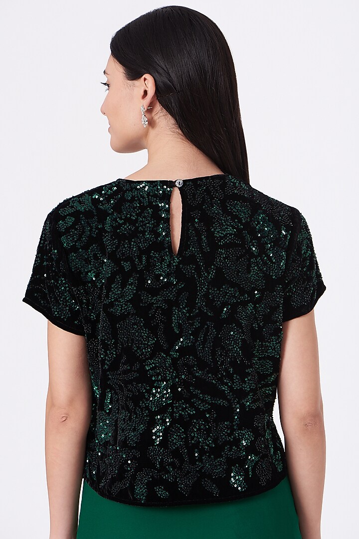 Black & Green Velvet Hand Embroidered Blouse by Peachoo at Pernia's Pop Up Shop