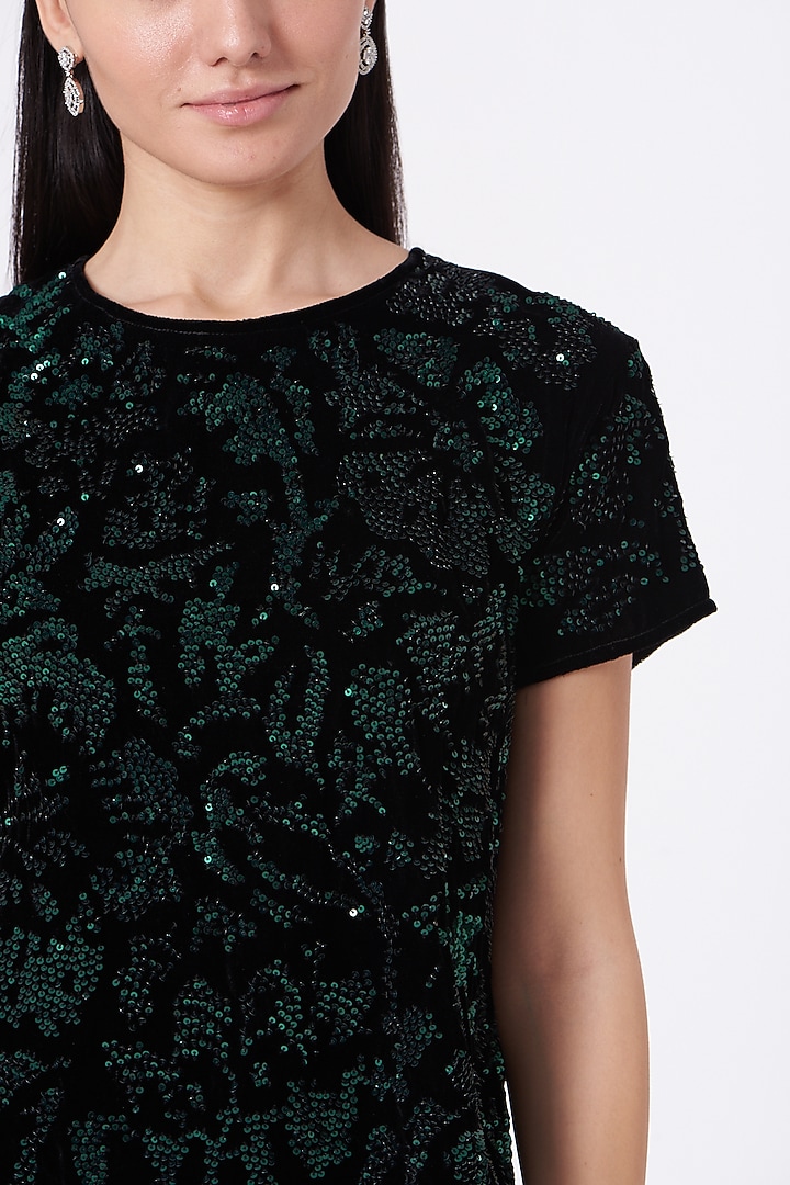 Black & Green Velvet Hand Embroidered Blouse by Peachoo at Pernia's Pop Up Shop