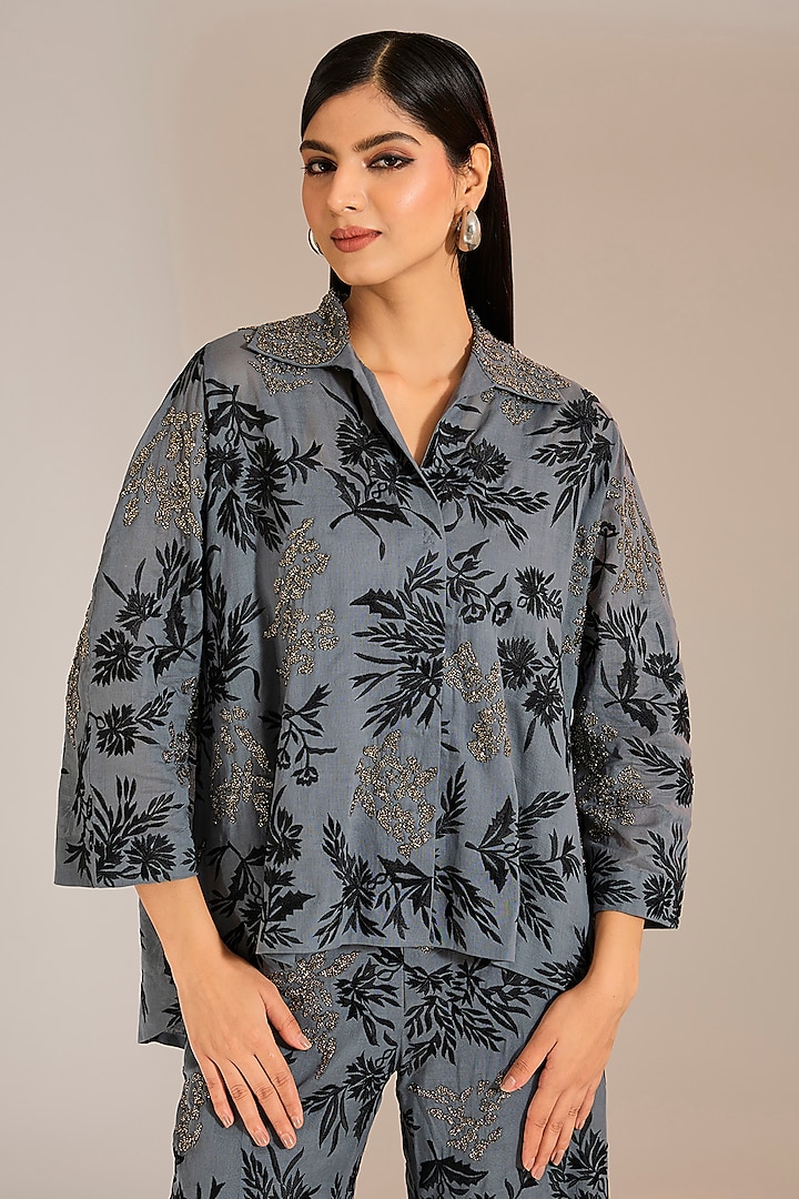 Shadow Black & Silver Handloom Cotton Thread Embroidered Jacket by Peachoo at Pernia's Pop Up Shop