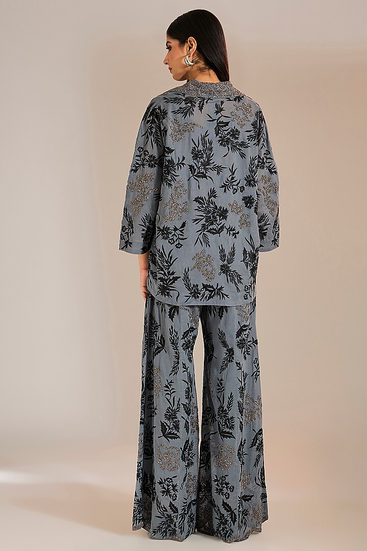 Shadow Black & Silver Handloom Cotton Thread Embroidered Shirt by Peachoo at Pernia's Pop Up Shop