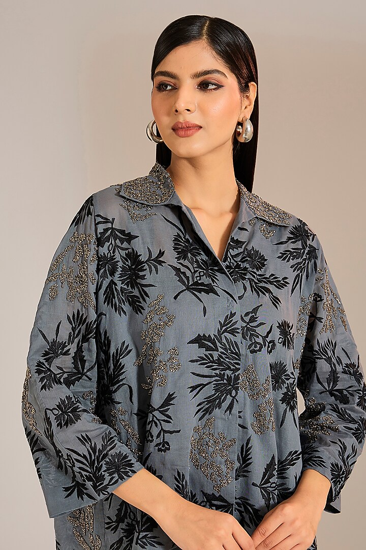 Shadow Black & Silver Handloom Cotton Thread Embroidered Shirt by Peachoo at Pernia's Pop Up Shop