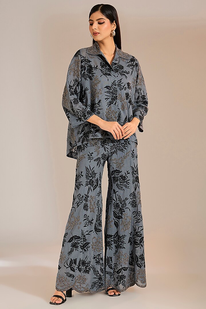 Shadow Black & Silver Handloom Cotton Thread Embroidered Shirt by Peachoo at Pernia's Pop Up Shop