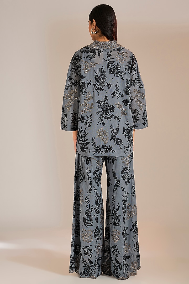 Shadow Black & Silver Handloom Cotton Thread Embroidered Pants by Peachoo at Pernia's Pop Up Shop
