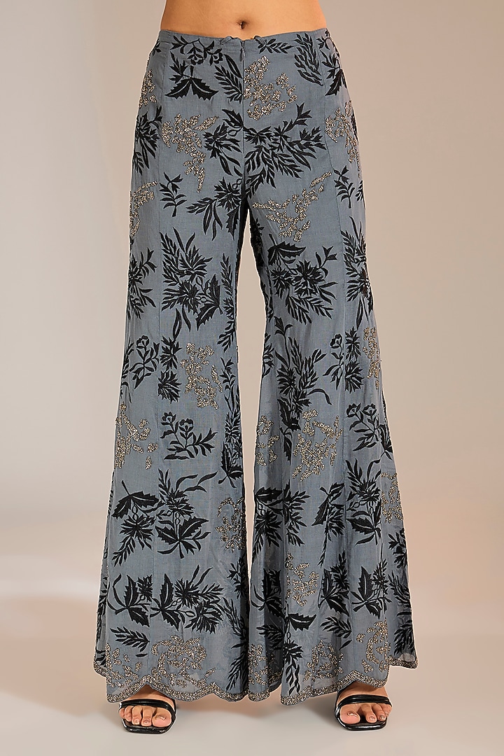 Shadow Black & Silver Handloom Cotton Thread Embroidered Pants by Peachoo at Pernia's Pop Up Shop