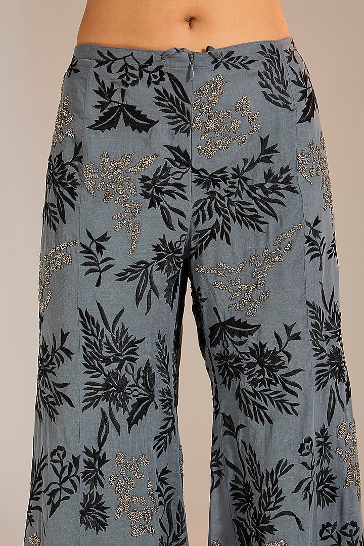 Shadow Black & Silver Handloom Cotton Thread Embroidered Pants by Peachoo at Pernia's Pop Up Shop