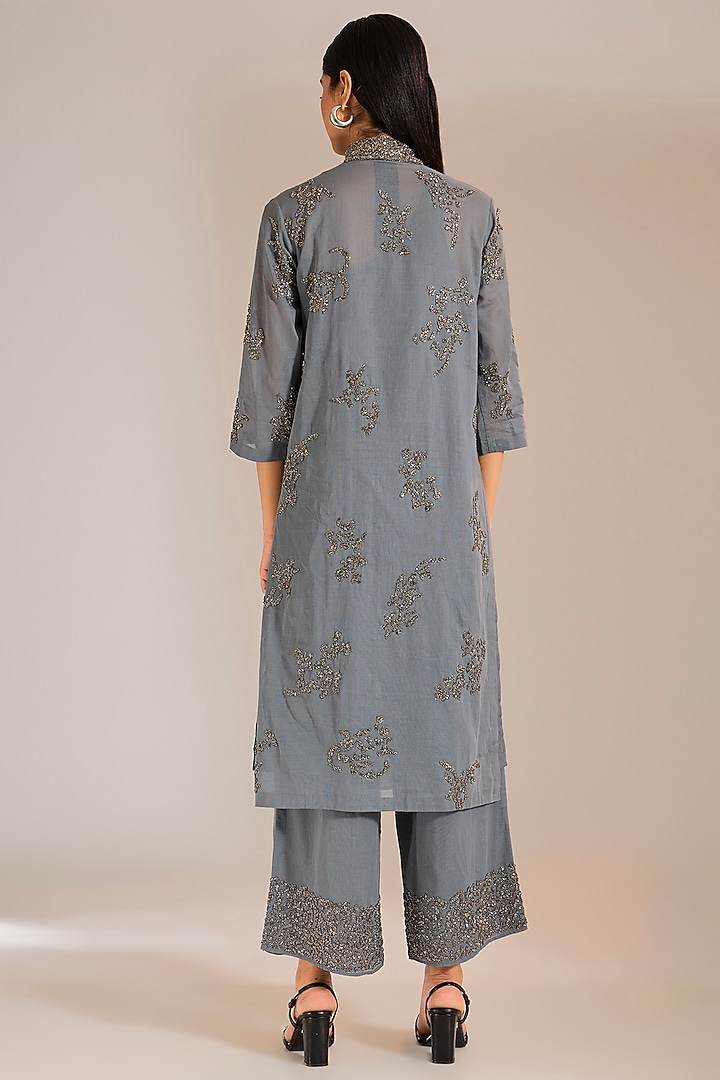 Shadow Silver Handloom Cotton Bead Embroidered Kurta by Peachoo at Pernia's Pop Up Shop