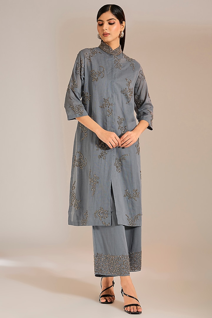 Shadow Silver Handloom Cotton Bead Embroidered Kurta by Peachoo at Pernia's Pop Up Shop