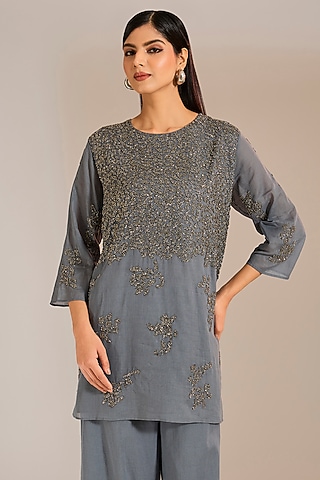 Shadow Silver Handloom Cotton Bead Embroidered Top by Peachoo