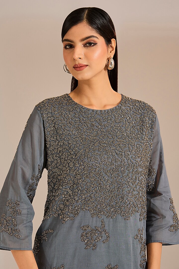 Shadow Silver Handloom Cotton Bead Embroidered Top by Peachoo at Pernia's Pop Up Shop