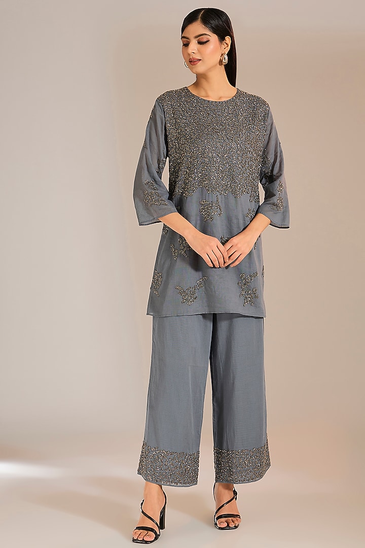 Shadow Silver Handloom Cotton Bead Embroidered Top by Peachoo at Pernia's Pop Up Shop