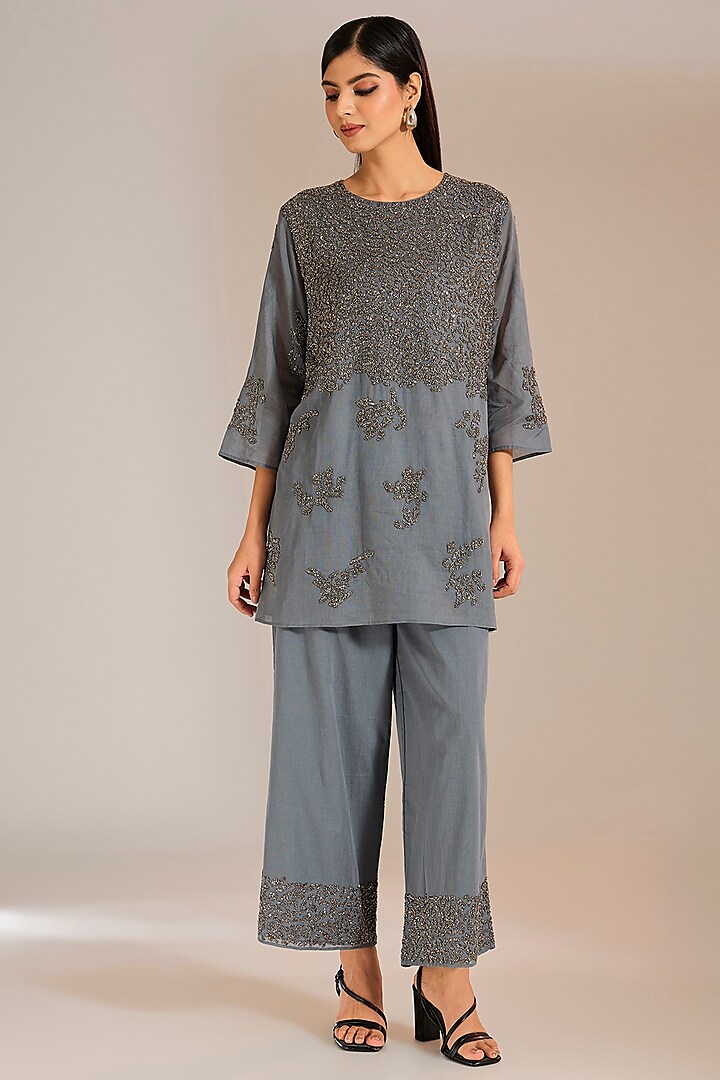 Shadow Silver Handloom Cotton Bead Embroidered Pants by Peachoo at Pernia's Pop Up Shop