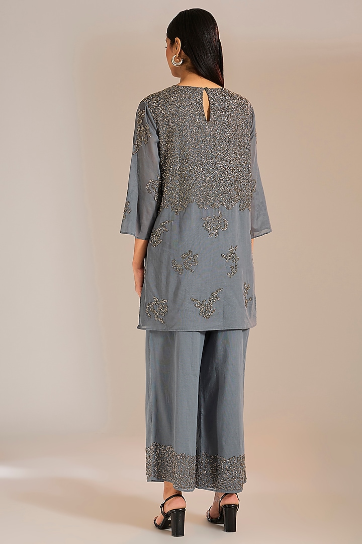 Shadow Silver Handloom Cotton Bead Embroidered Pants by Peachoo at Pernia's Pop Up Shop