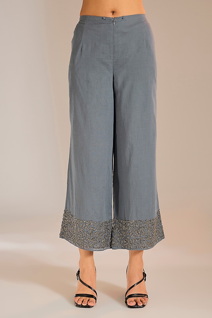 Shadow Silver Handloom Cotton Bead Embroidered Pants by Peachoo at Pernia's Pop Up Shop