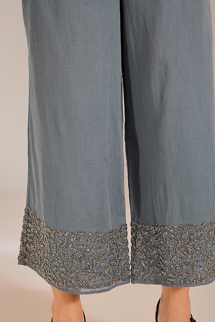 Shadow Silver Handloom Cotton Bead Embroidered Pants by Peachoo at Pernia's Pop Up Shop