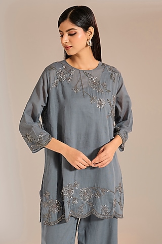 Shadow Silver Handloom Cotton Sequins Work Top by Peachoo