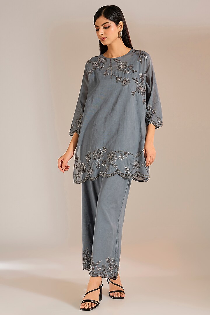 Shadow Silver Handloom Cotton Sequins Work Top by Peachoo at Pernia's Pop Up Shop