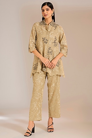 Natural Beige Handloom Cotton Thread Embroidered Pants by Peachoo
