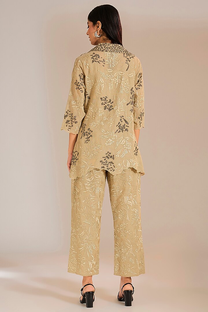 Natural Beige Handloom Cotton Thread Embroidered Pants by Peachoo at Pernia's Pop Up Shop