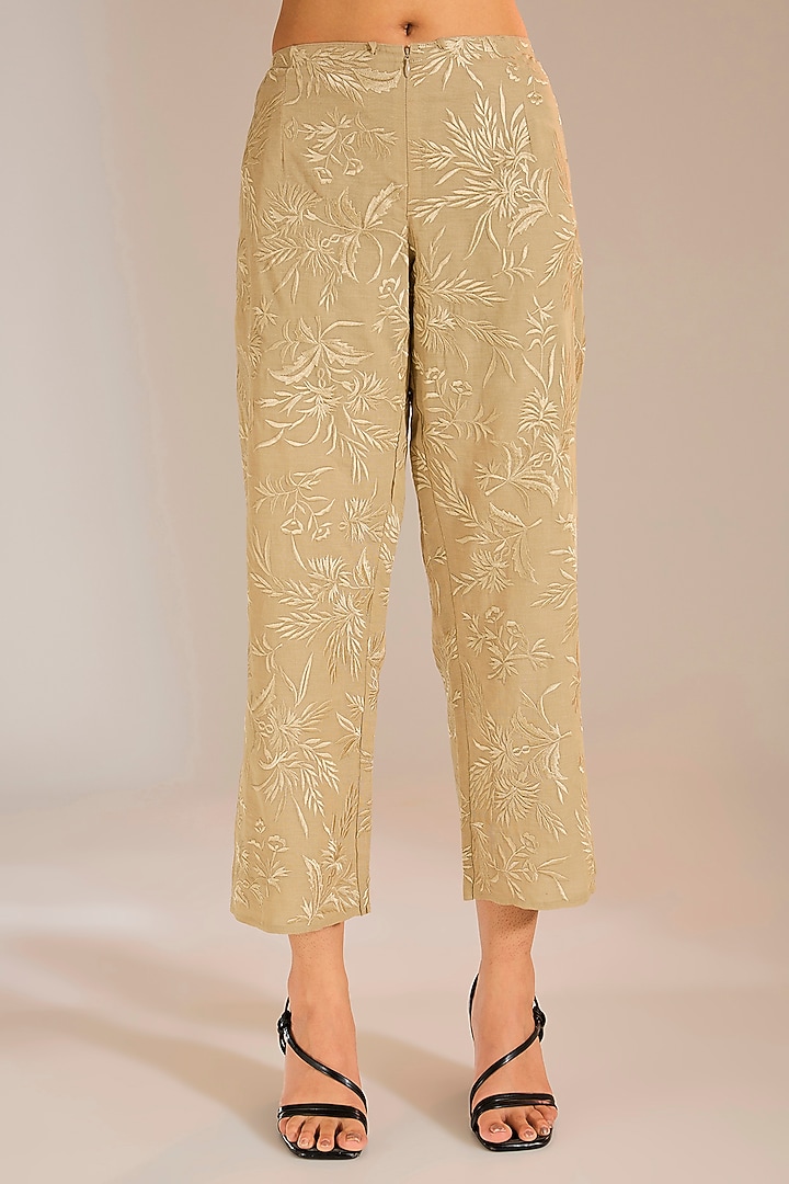 Natural Beige Handloom Cotton Thread Embroidered Pants by Peachoo at Pernia's Pop Up Shop