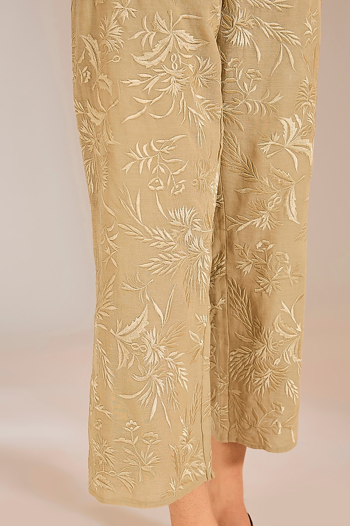Natural Beige Handloom Cotton Thread Embroidered Pants by Peachoo at Pernia's Pop Up Shop