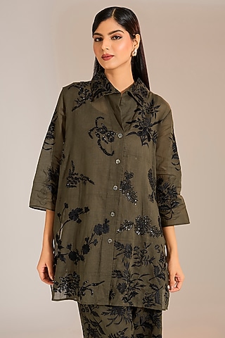 Khaki & Black Handloom Cotton Patchwork Shirt by Peachoo