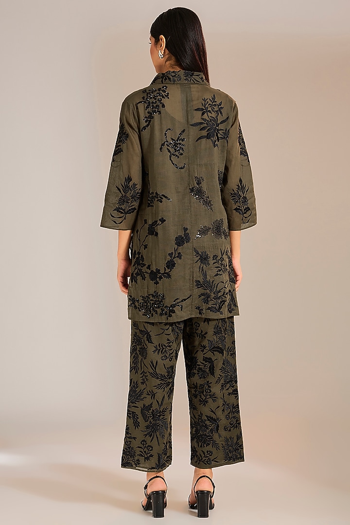 Khaki & Black Handloom Cotton Patchwork Shirt by Peachoo at Pernia's Pop Up Shop