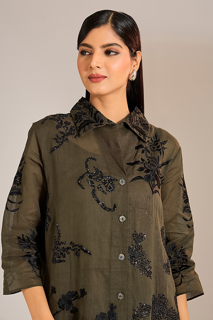 Khaki & Black Handloom Cotton Patchwork Shirt by Peachoo at Pernia's Pop Up Shop