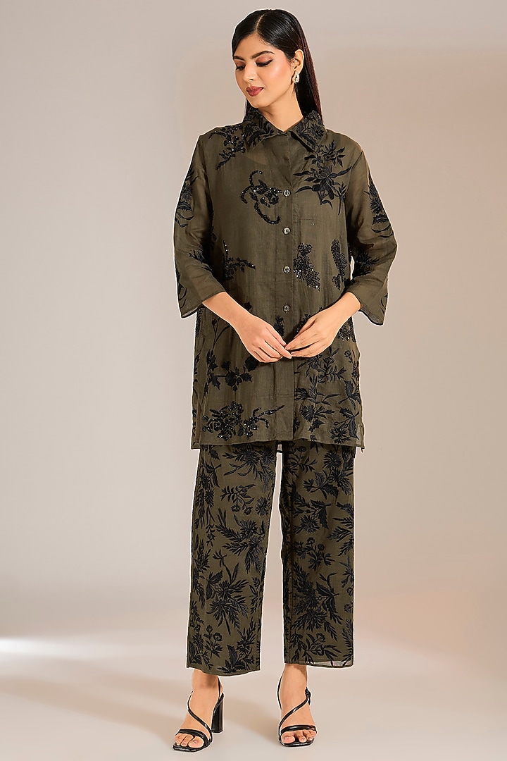 Khaki & Black Handloom Cotton Patchwork Shirt by Peachoo at Pernia's Pop Up Shop