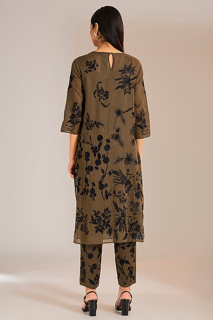 Khaki & Black Handloom Cotton Thread Embroidered Pants by Peachoo at Pernia's Pop Up Shop
