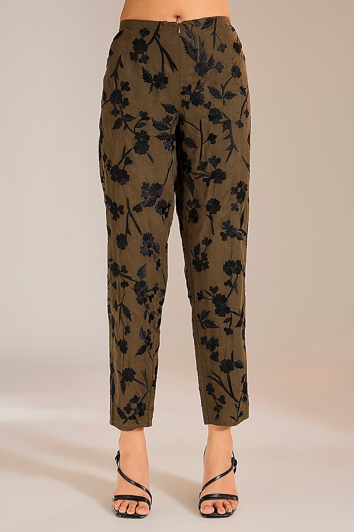 Khaki & Black Handloom Cotton Thread Embroidered Pants by Peachoo at Pernia's Pop Up Shop