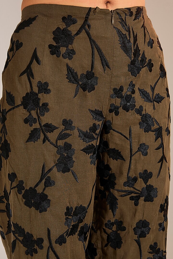 Khaki & Black Handloom Cotton Thread Embroidered Pants by Peachoo at Pernia's Pop Up Shop