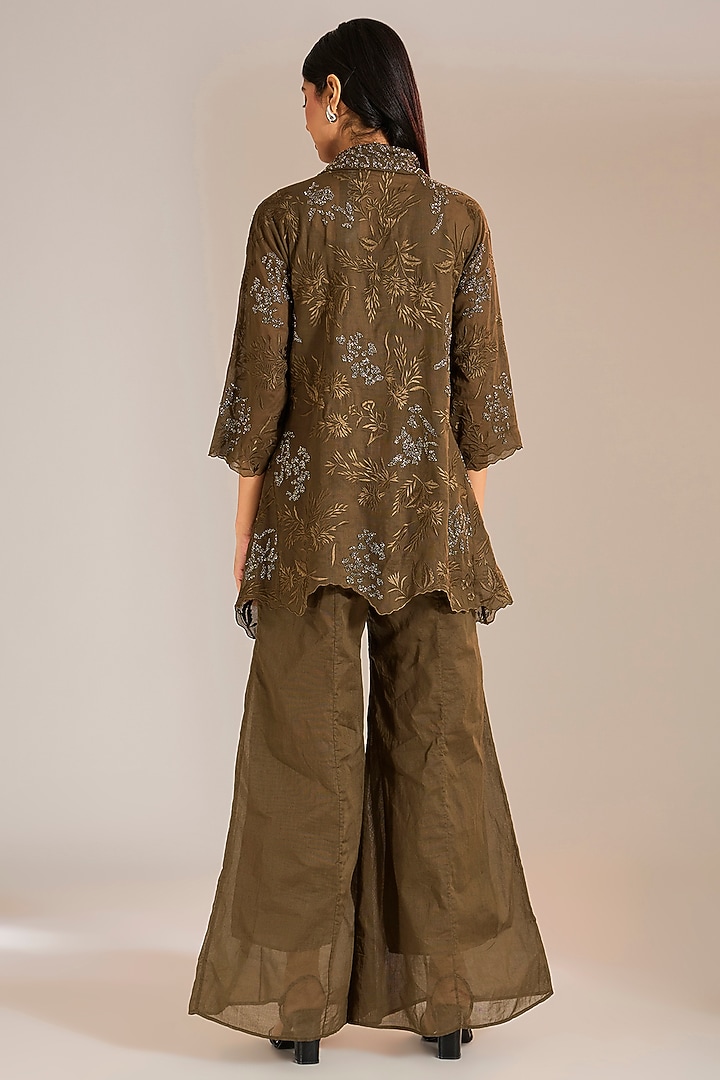 Khaki Colored Handloom Cotton Flared Pants by Peachoo at Pernia's Pop Up Shop