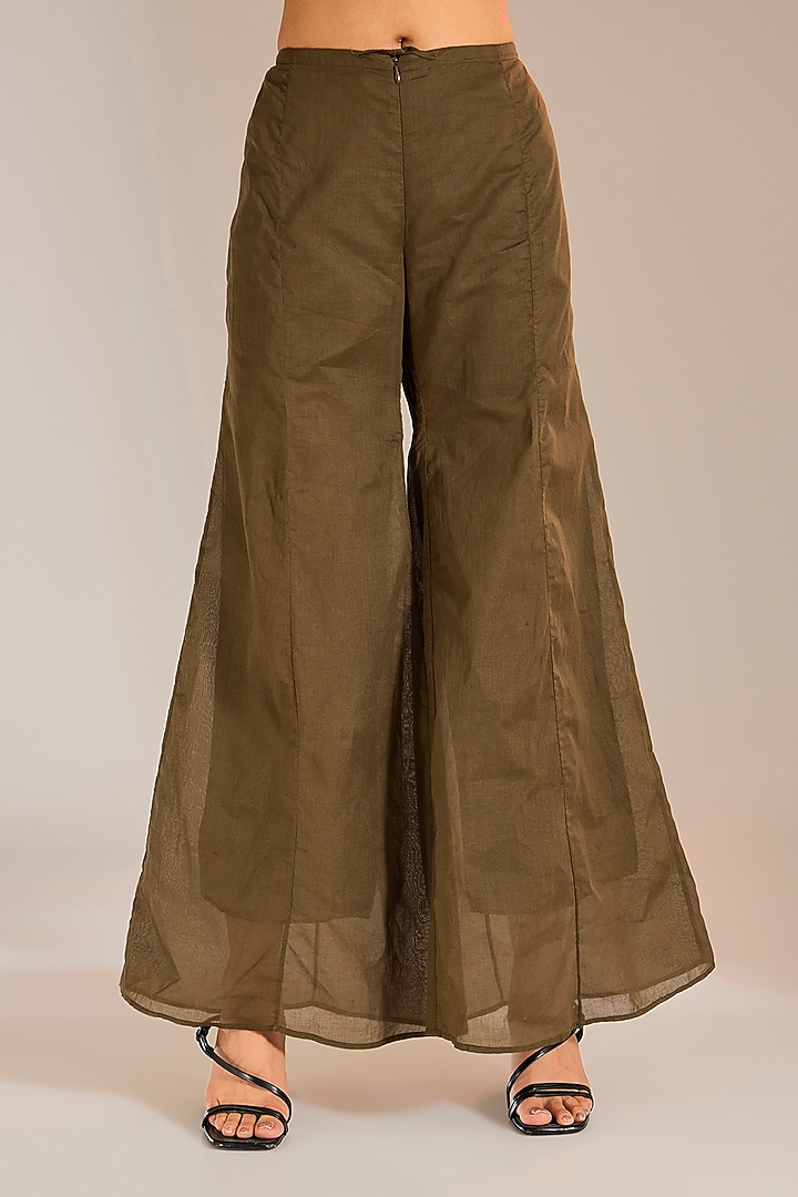 Khaki Colored Handloom Cotton Flared Pants by Peachoo at Pernia's Pop Up Shop