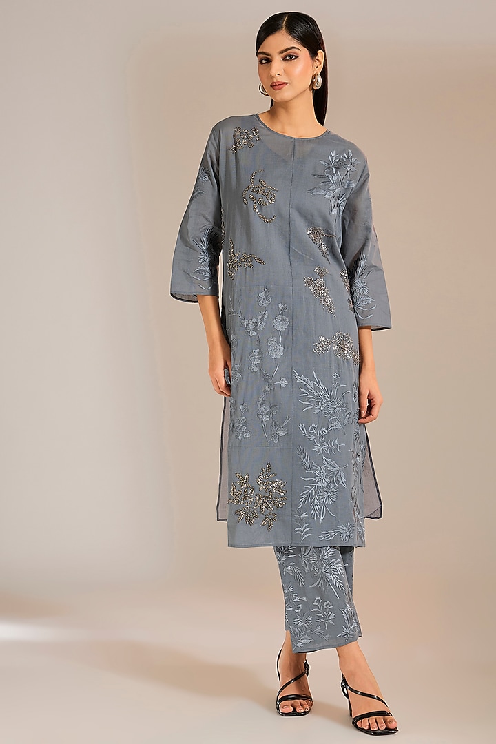 Shadow Silver Handloom Cotton Patchwork Kurta by Peachoo at Pernia's Pop Up Shop