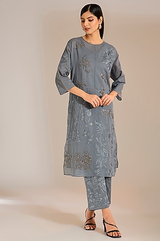 Shadow Silver Handloom Cotton Thread Embroidered Pants by Peachoo